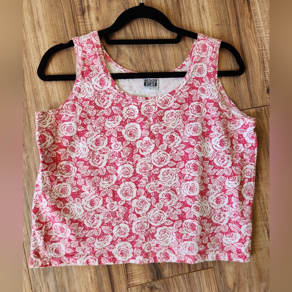 90s Activewear Pink & White Floral Cotton Tank Top